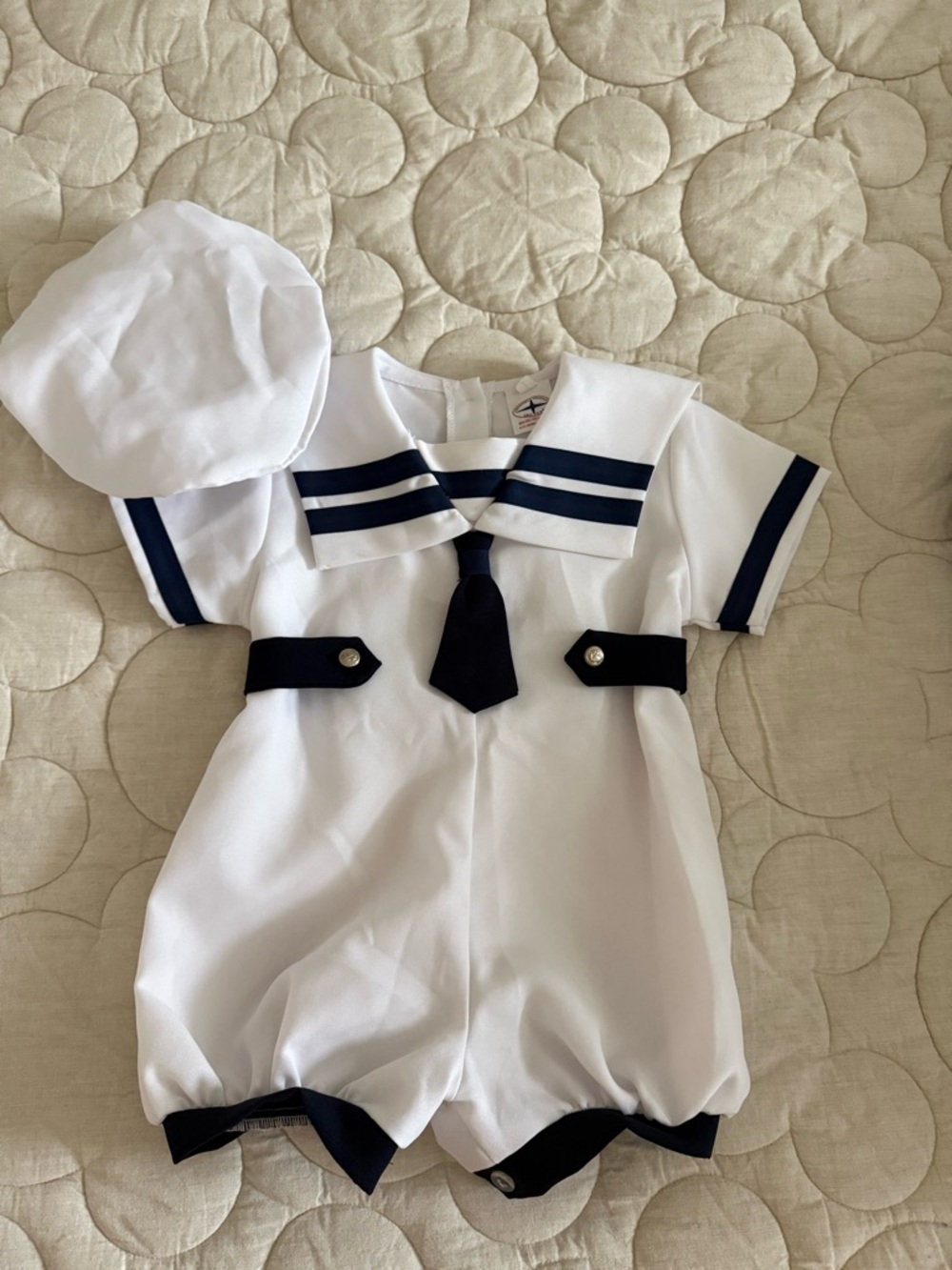 White and Navy Baby Sailor Romper with Cap